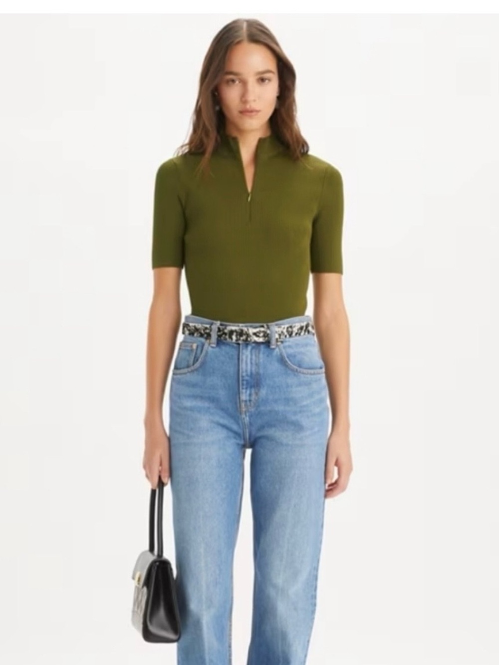 Tory Burch Half Zip Olive Green Short-Sleeve Ribbed Zip Mock-Neck Top - Picture 1 of 6